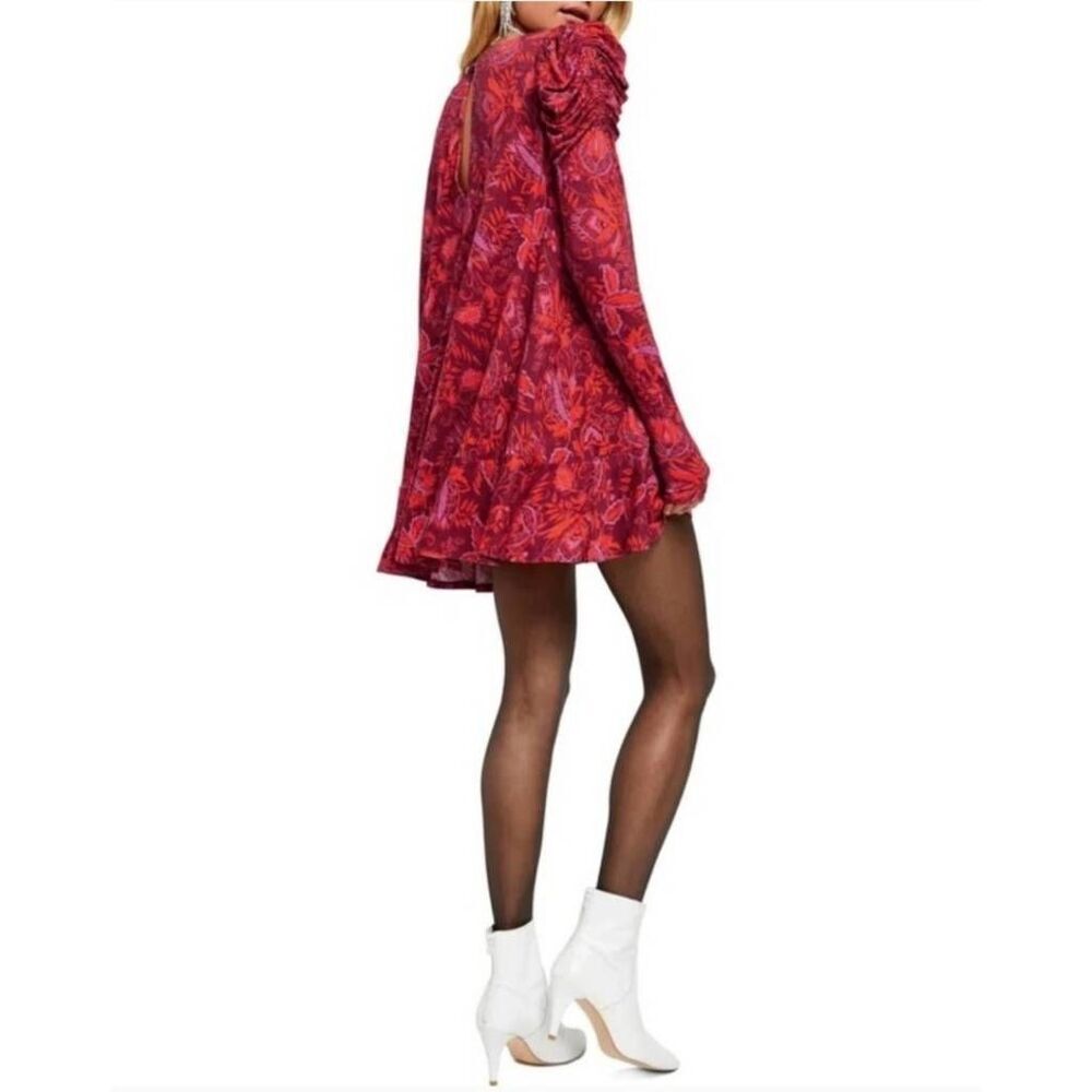 Free People Hello Lover Floral Mini Dress XS Red Puff Sleeve Keyhole Back - Picture 3 of 11